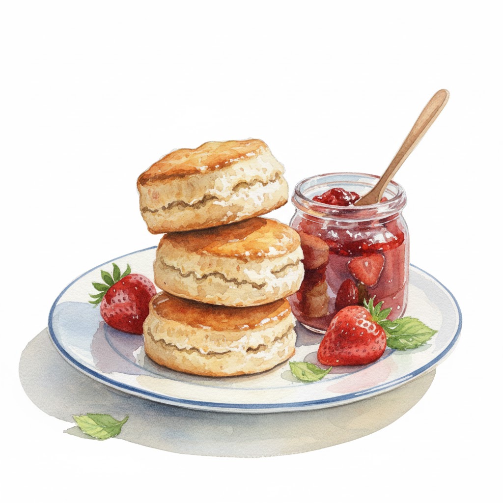 watercolor scones with strawberry jam